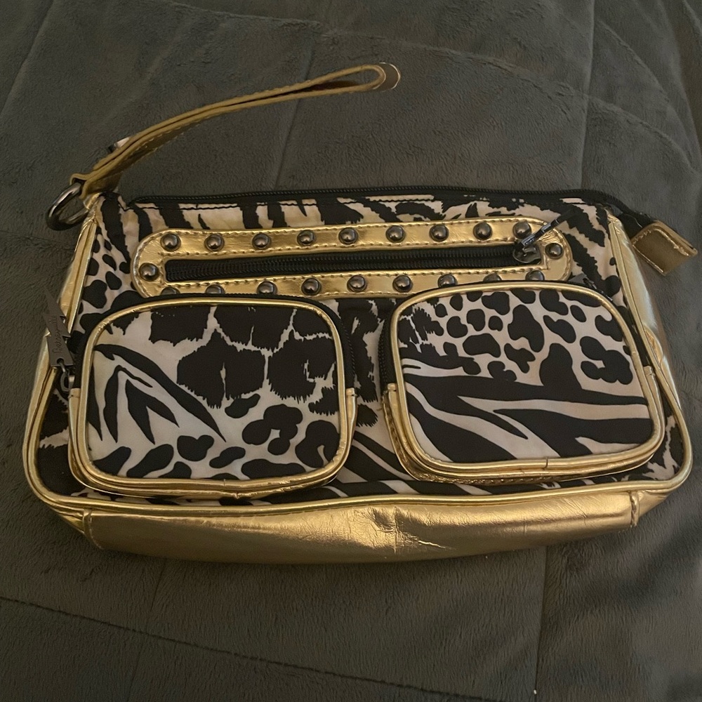 Betsey Johnson gold zebra print zip wristlet